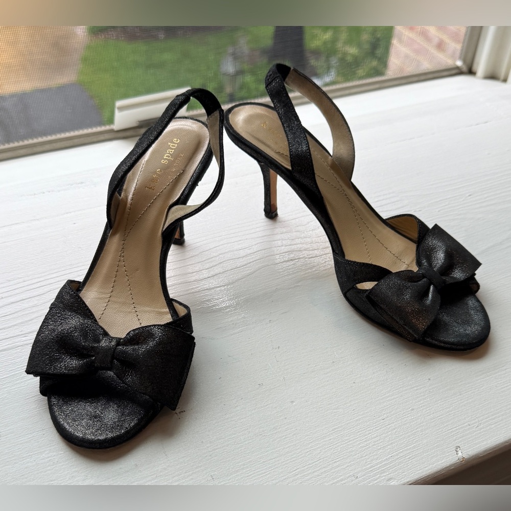 Kate Spade Metallic Black Sparkly Kitten Heels w/Bows 6.5 Made in 🇮🇹 Italy